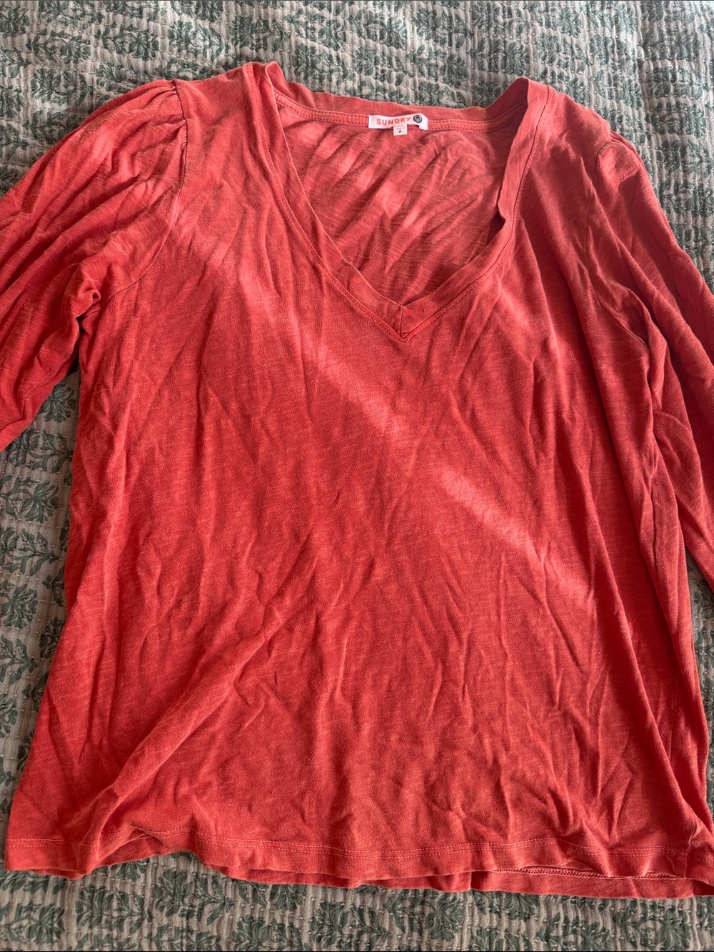 Sundry Coral V-Neck Long Sleeve Top